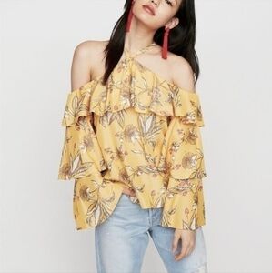 Express Floral Off The Shoulder Ruffle Blouse -Size XL- Yellow Boho Bell Sleeve